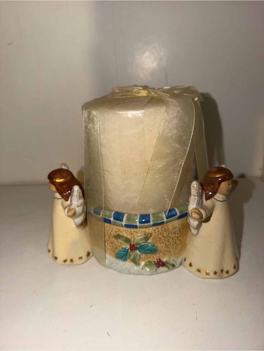Kohl's Cream Pillar Candle with Blue-Accented Angel Holder